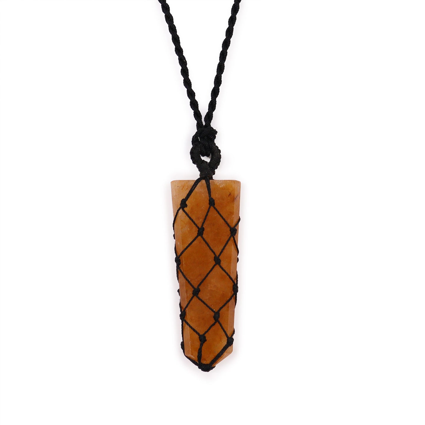 golden quarz pencil pendant with black cord on a white background