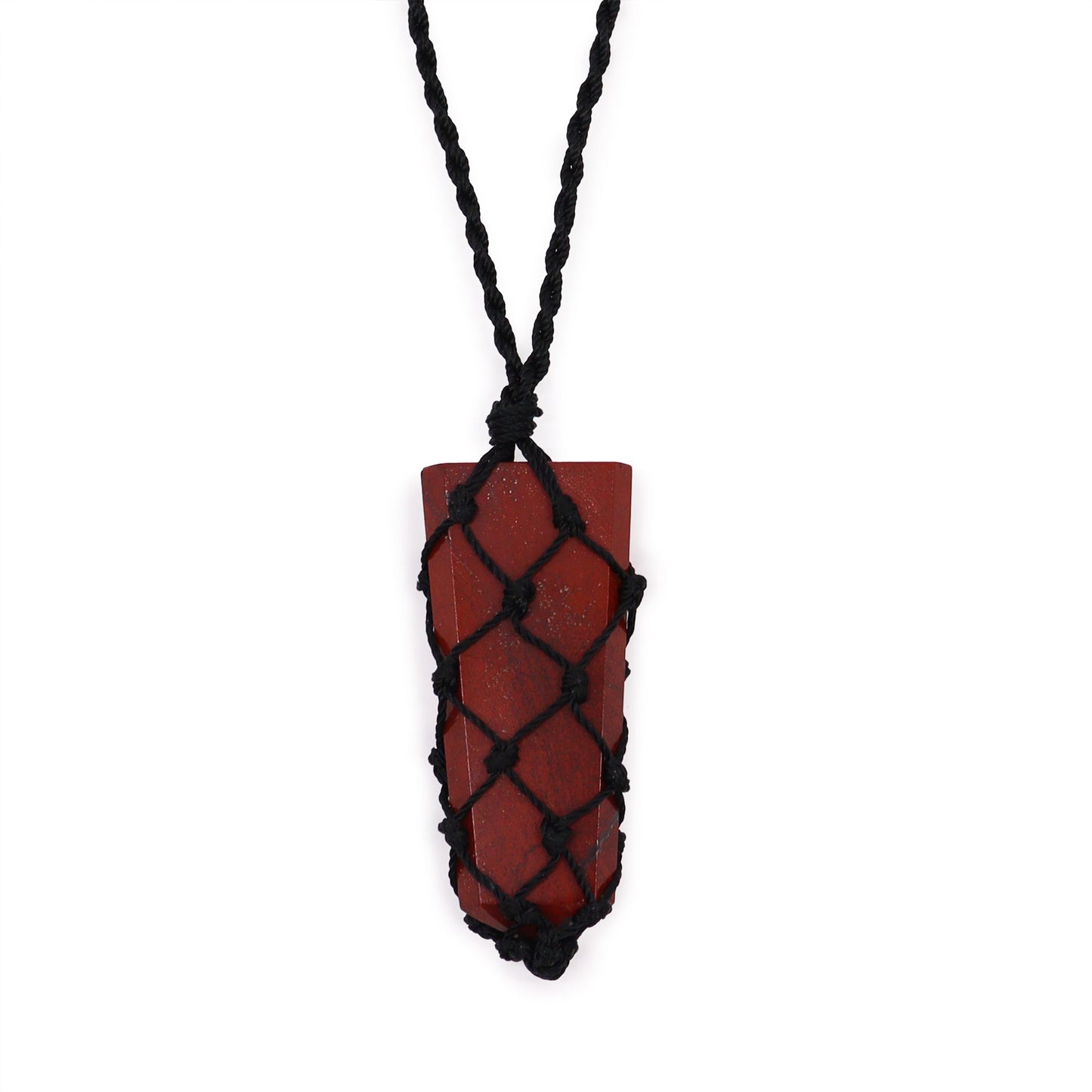 Red  jasper stone pendant on a black cord against a white background