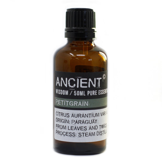 Bottle of Ancient Wisdom Petitgrain essential oil on a white background