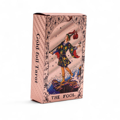 Tarot card box featuring 'The Fool' card design with Rose gold foil text.