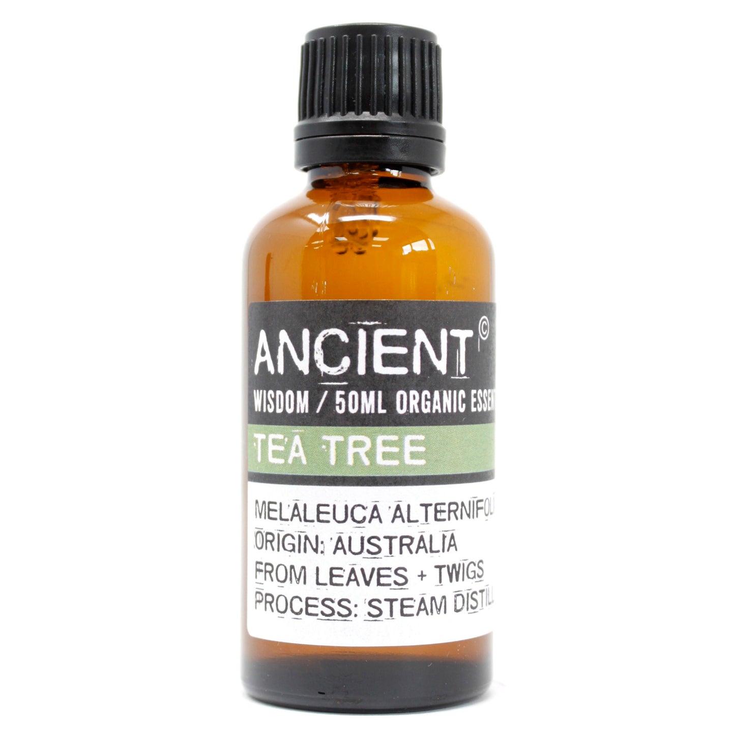 A bottle of Ancient Wisdom Tea Tree Organic Essential Oil 50ml with a white label, brown liquid, and a black cap.