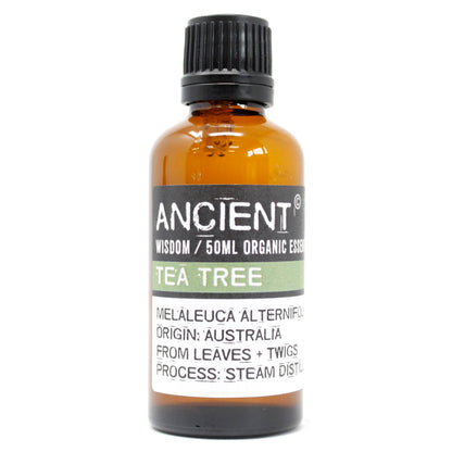 A bottle of Ancient Wisdom Tea Tree Organic Essential Oil 50ml with a white label, brown liquid, and a black cap.