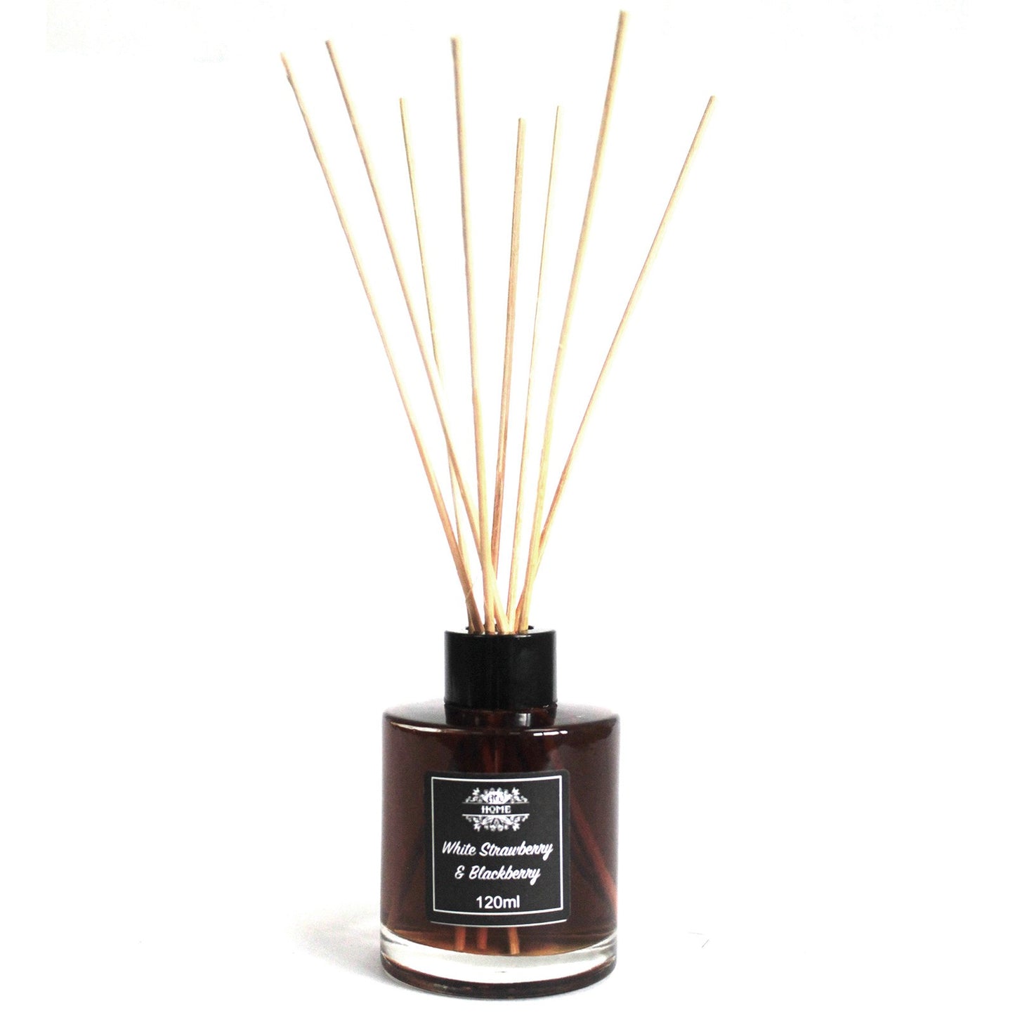 Reed diffuser with wooden sticks in a black bottle on a white background