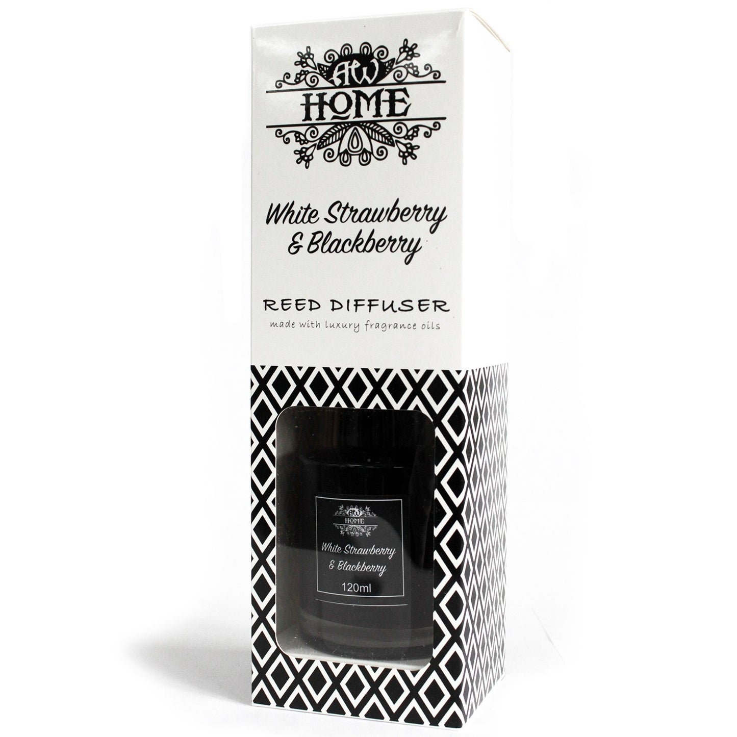 Reed diffuser packaging with black and white design and product name on a white background