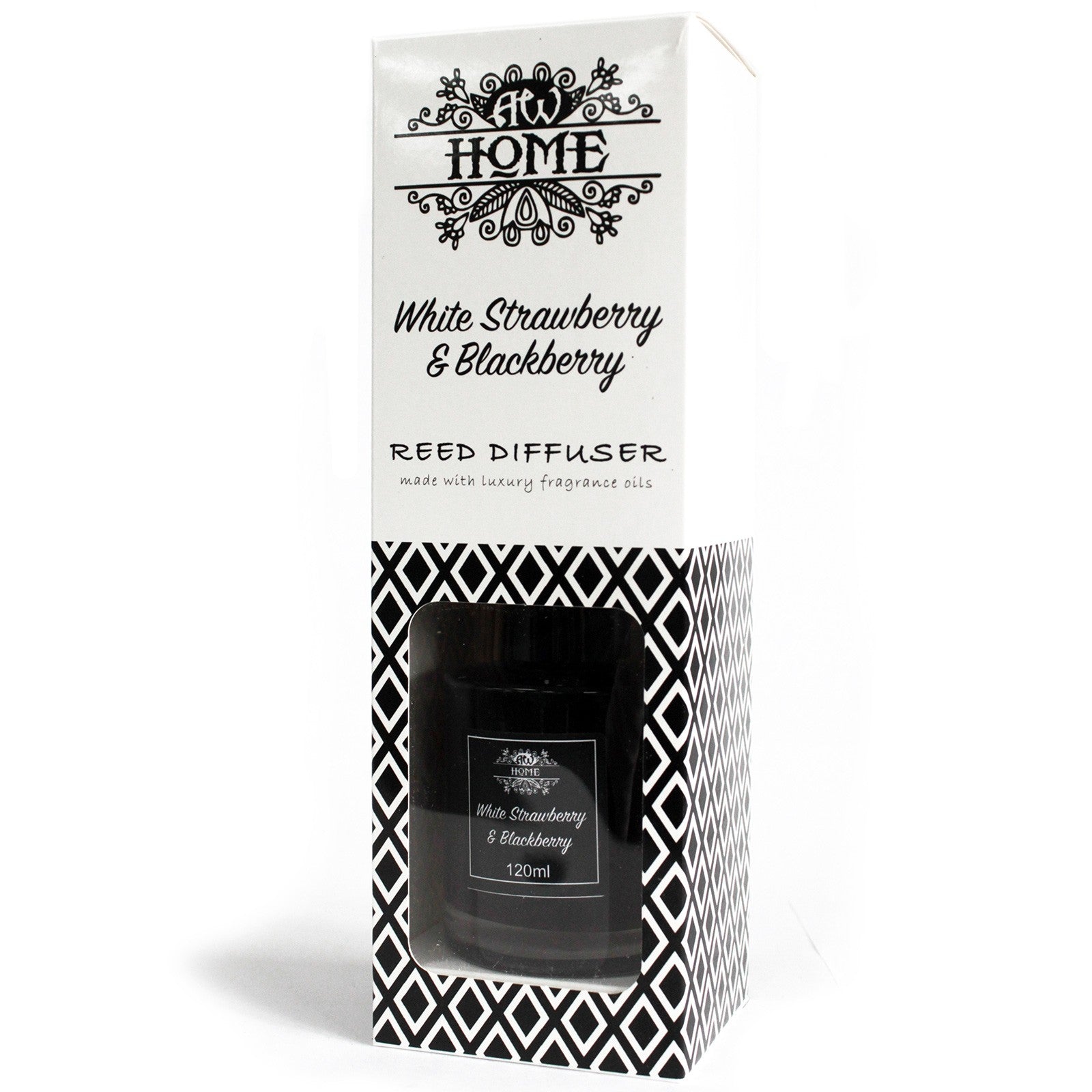Reed diffuser packaging with black and white design and product name on a white background