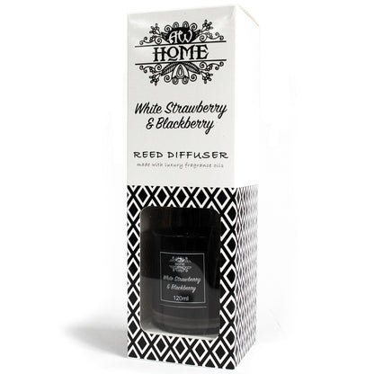 Reed diffuser packaging with black and white design and product name on a white background