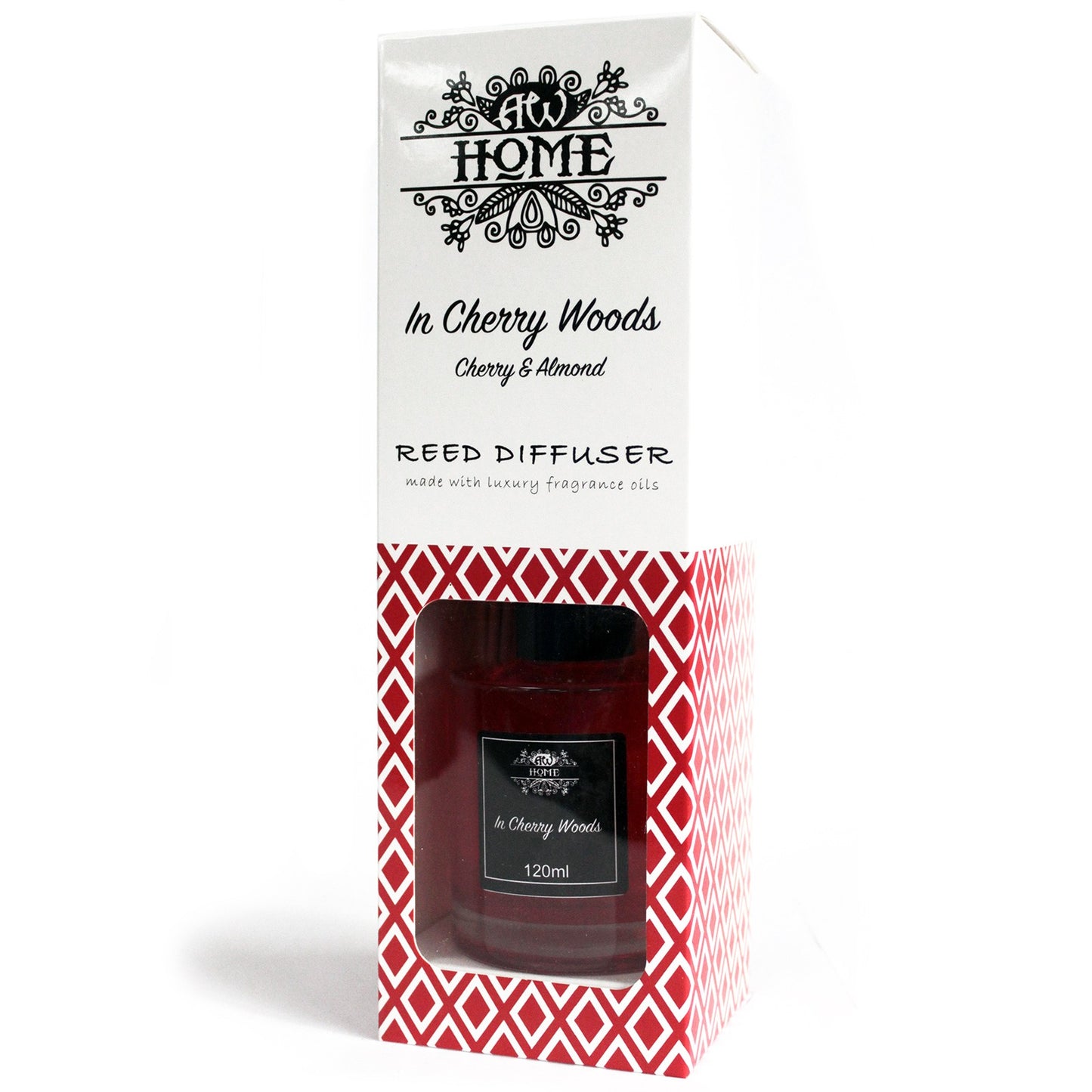 Reed diffuser packaging with red and white design, featuring 'In Cherry Woods' text.