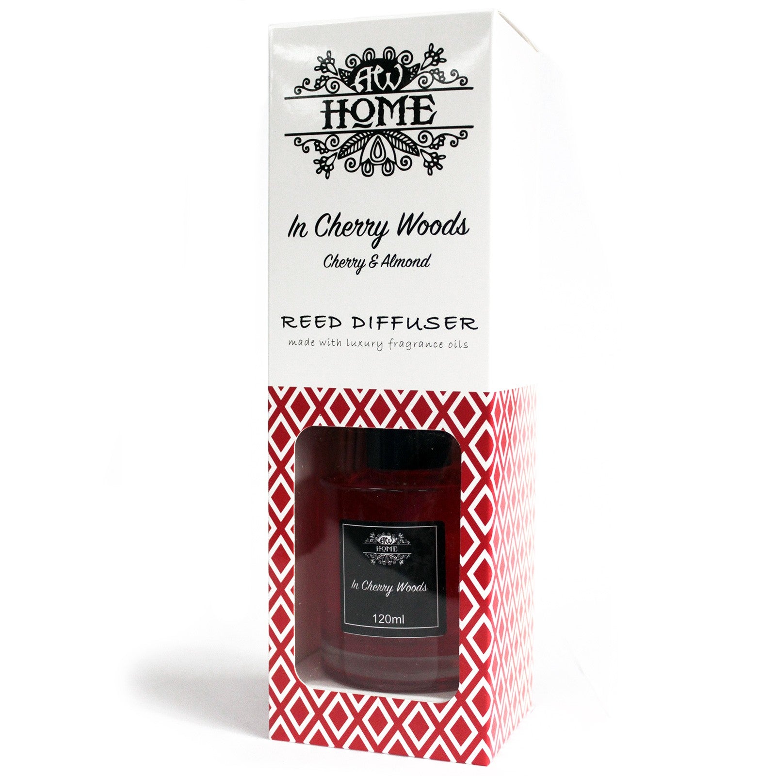 Reed diffuser packaging with red and white design, featuring 'In Cherry Woods' text.