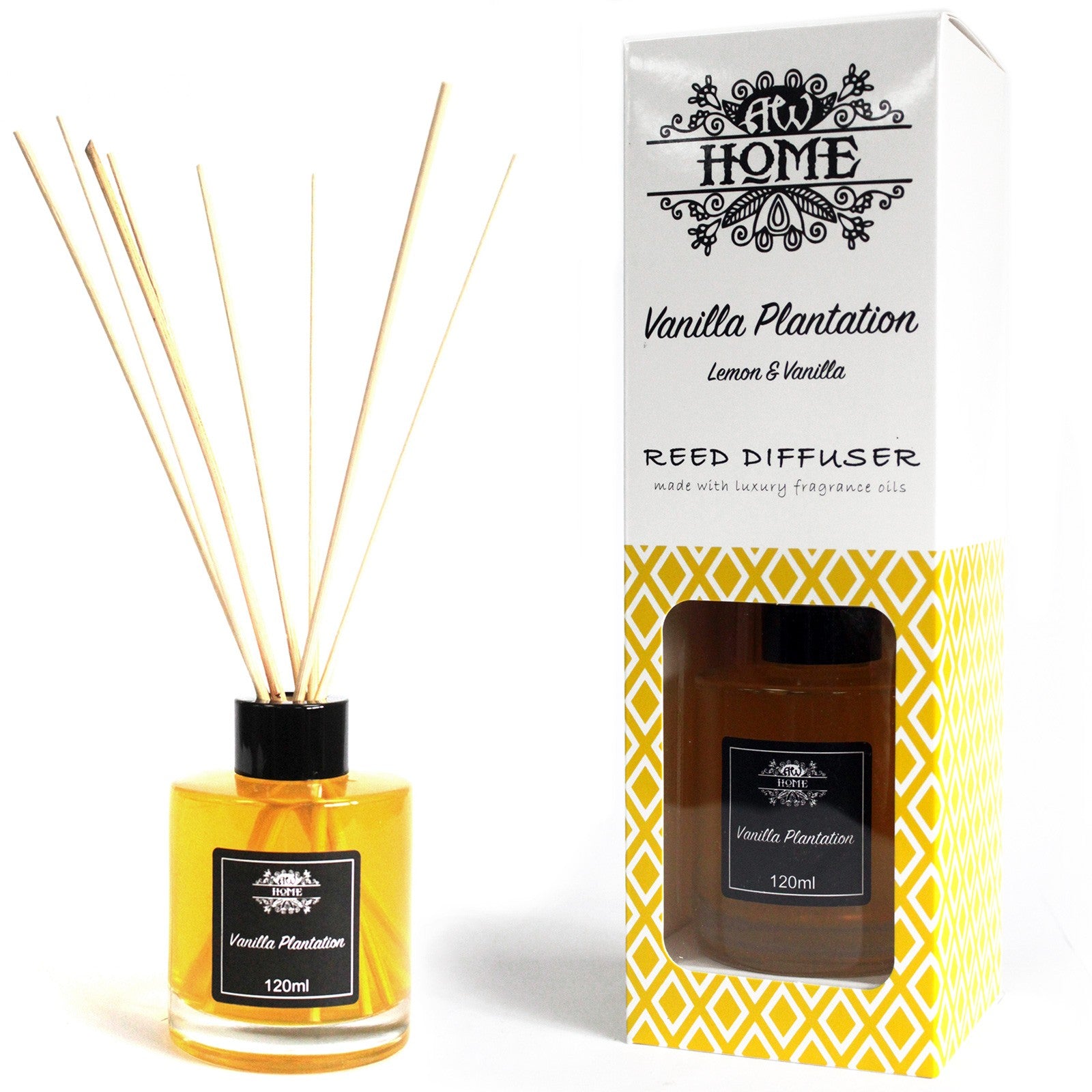 Vanilla Plantation Reed Diffuser with packaging on a white background