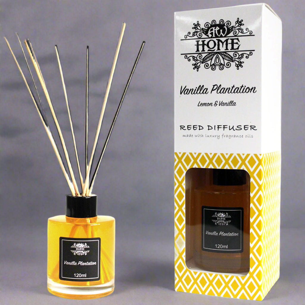 Vanilla Plantation reed diffuser with packaging on a Grey background