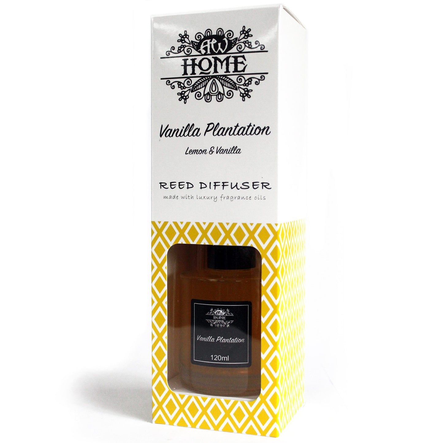 Reed diffuser packaging with yellow and white design on a white background