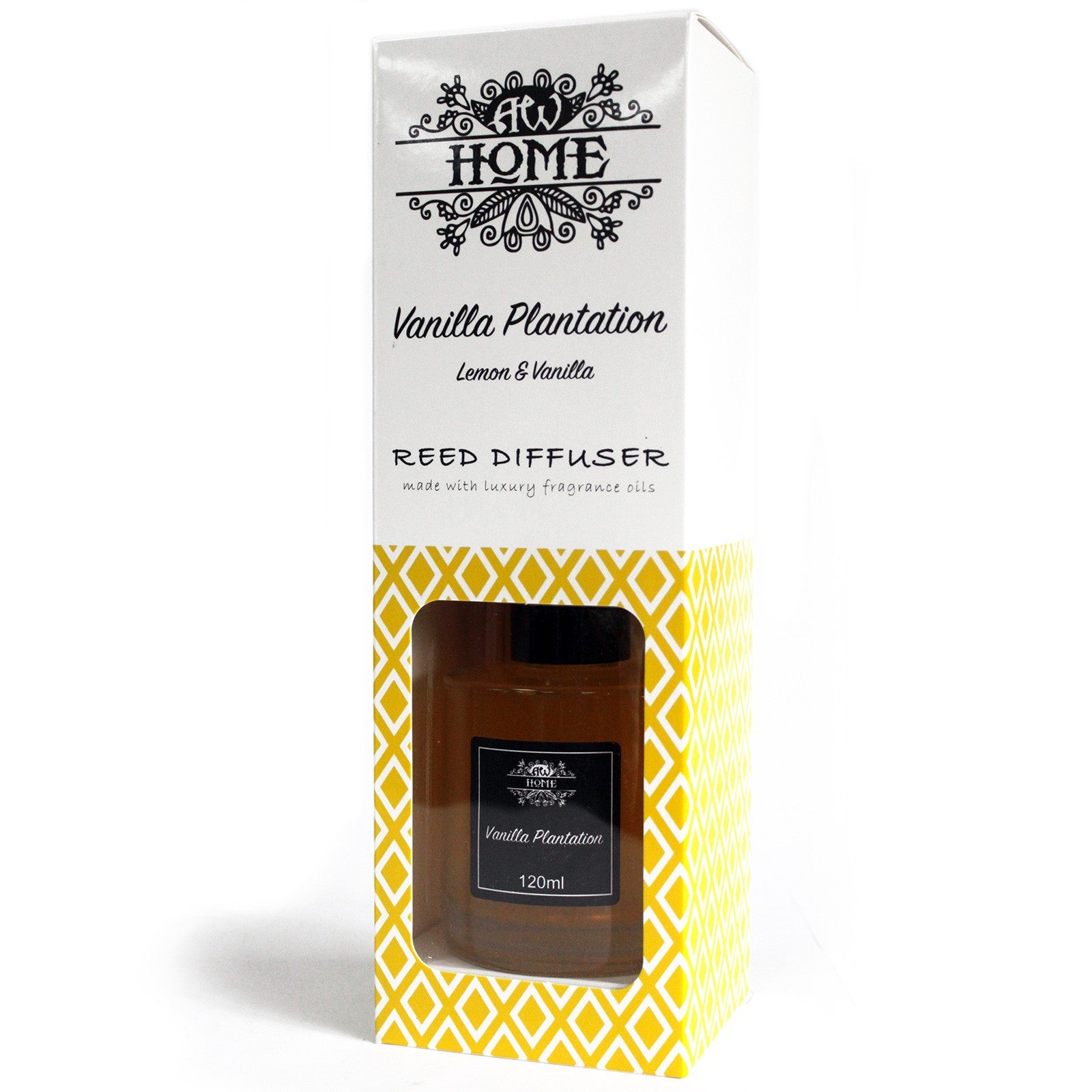 Reed diffuser packaging with yellow and white design on a white background