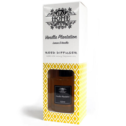 Reed diffuser packaging with yellow and white design on a white background