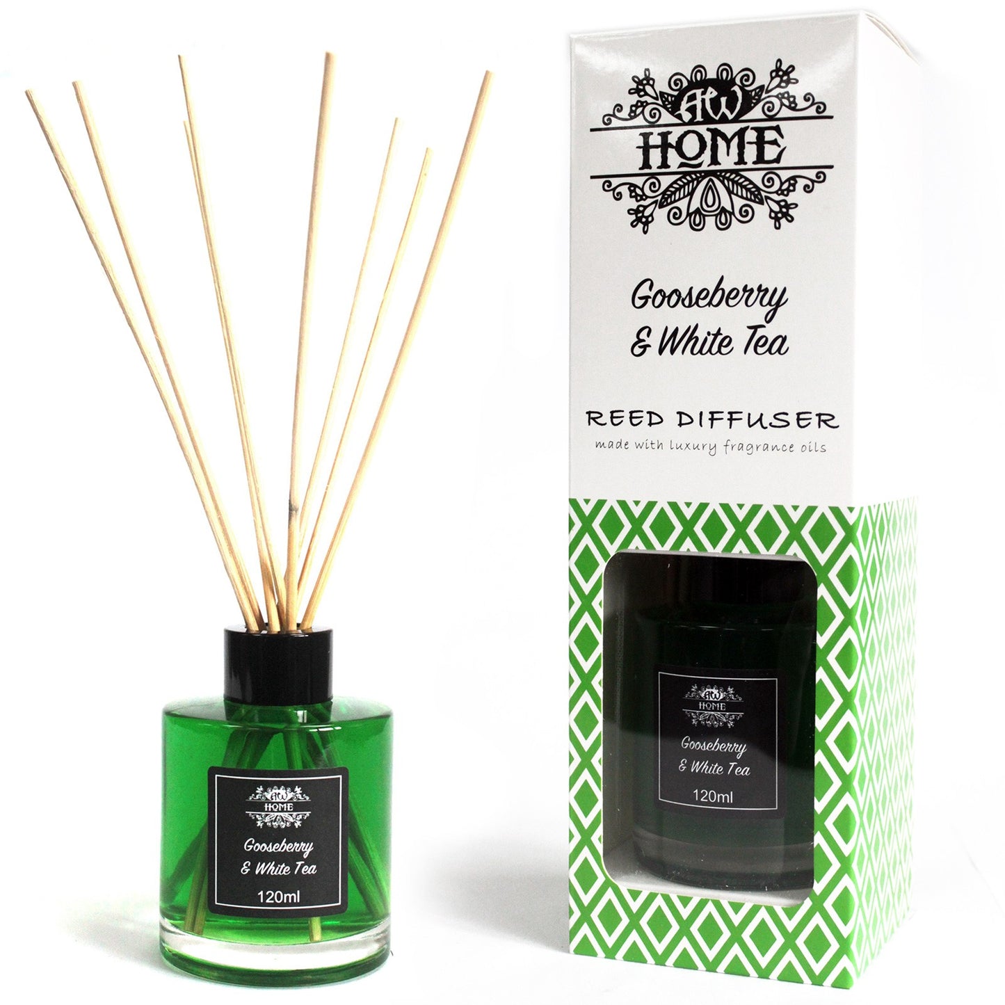 Gooseberry & white tea, Green reed diffuser with wooden sticks and packaging labeled 'At Home' on a white background