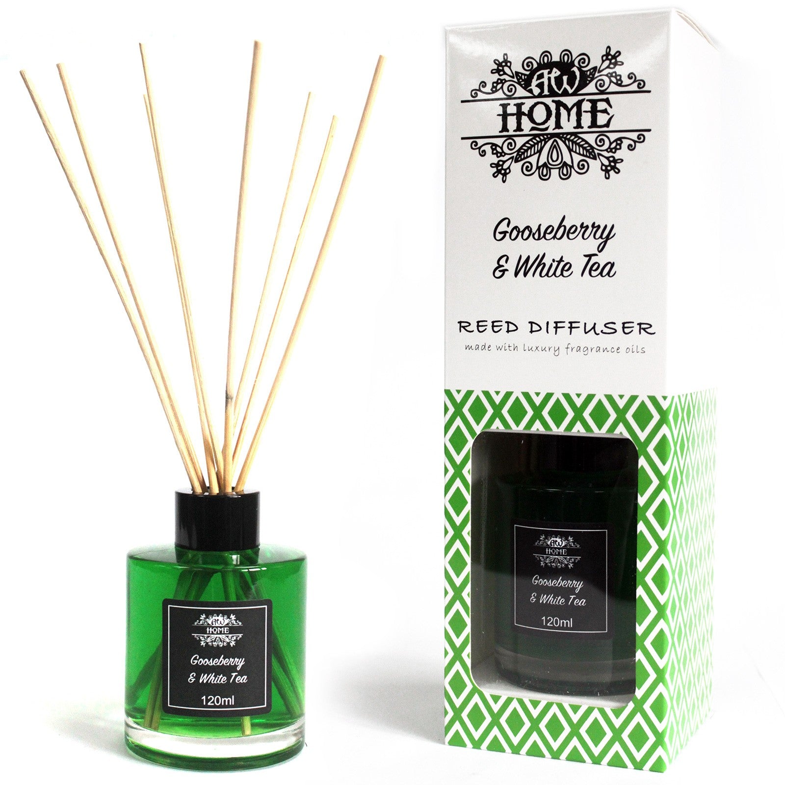 Gooseberry & white tea, Green reed diffuser with wooden sticks and packaging labeled 'At Home' on a white background
