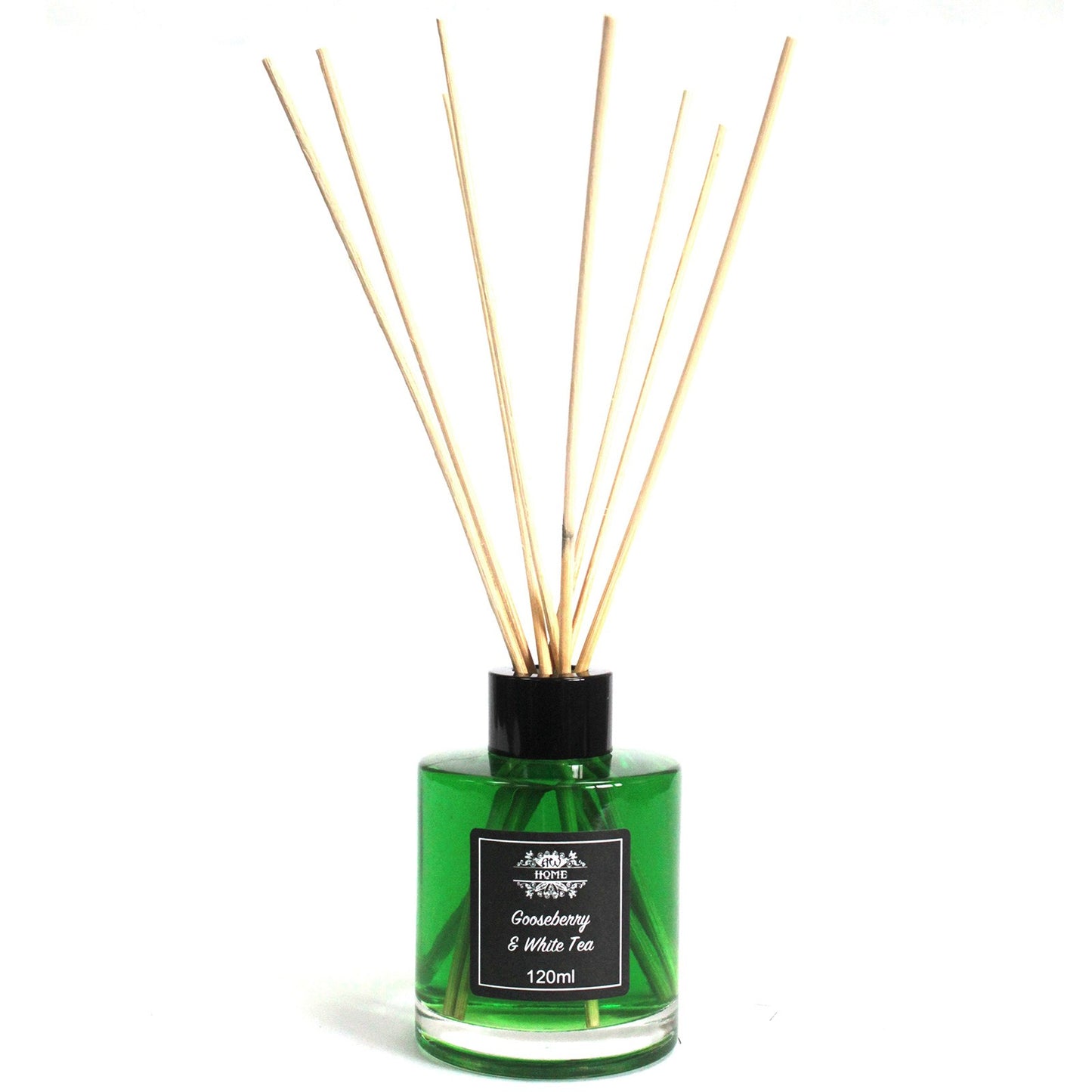 Goose Berry diffuser bottle with wooden sticks on a white background