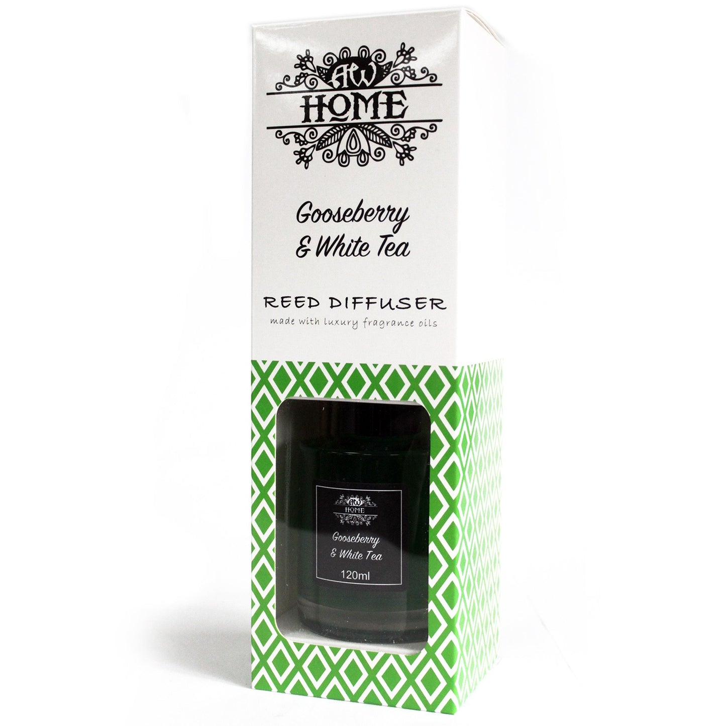 Gooseberry & White Tea Reed Diffuser packaging with green and white design