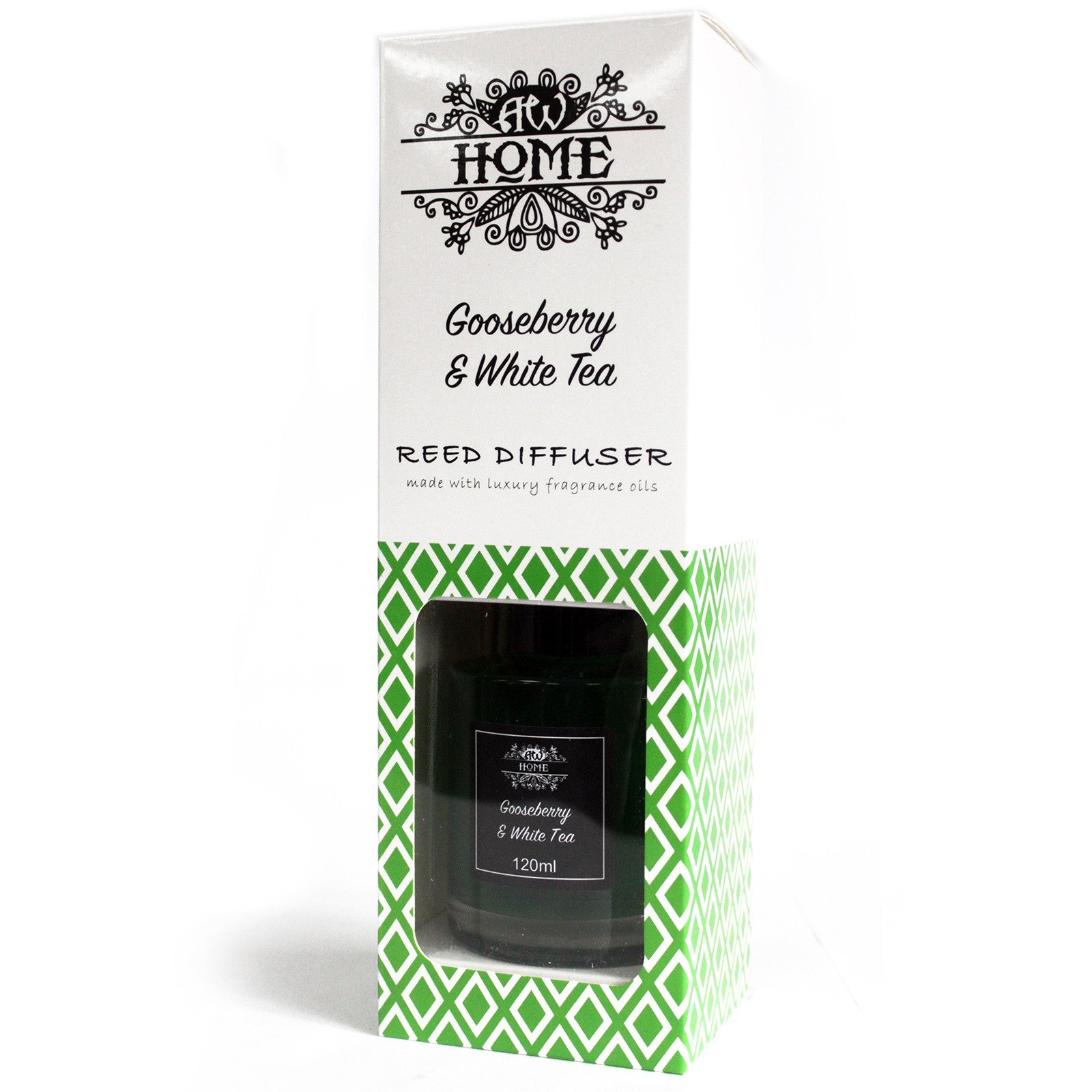 Gooseberry & White Tea Reed Diffuser packaging with green and white design