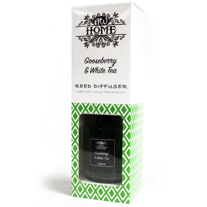 Gooseberry & White Tea Reed Diffuser packaging with green and white design