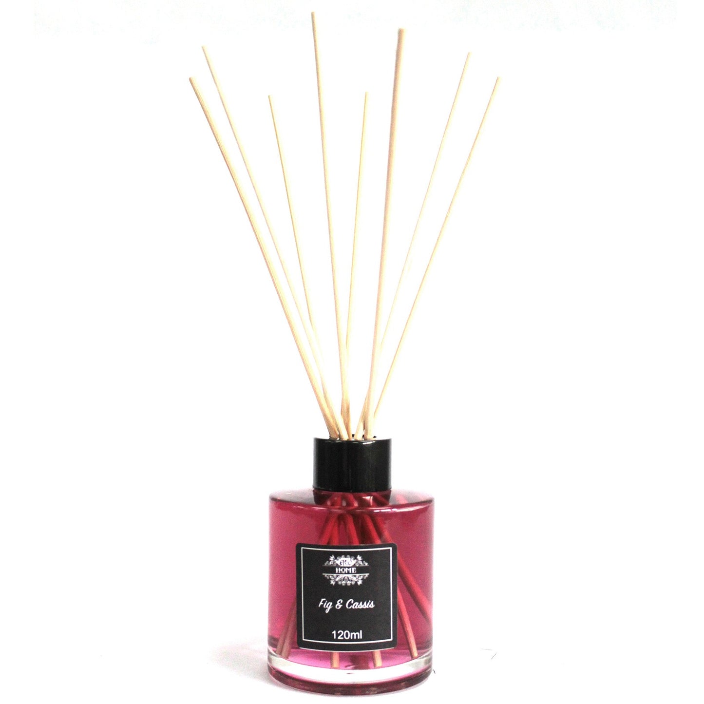 Fig & Cassie Reed diffuser with sticks in a pink bottle on a white background