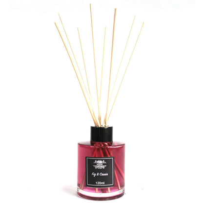 Fig & Cassie Reed diffuser with sticks in a pink bottle on a white background