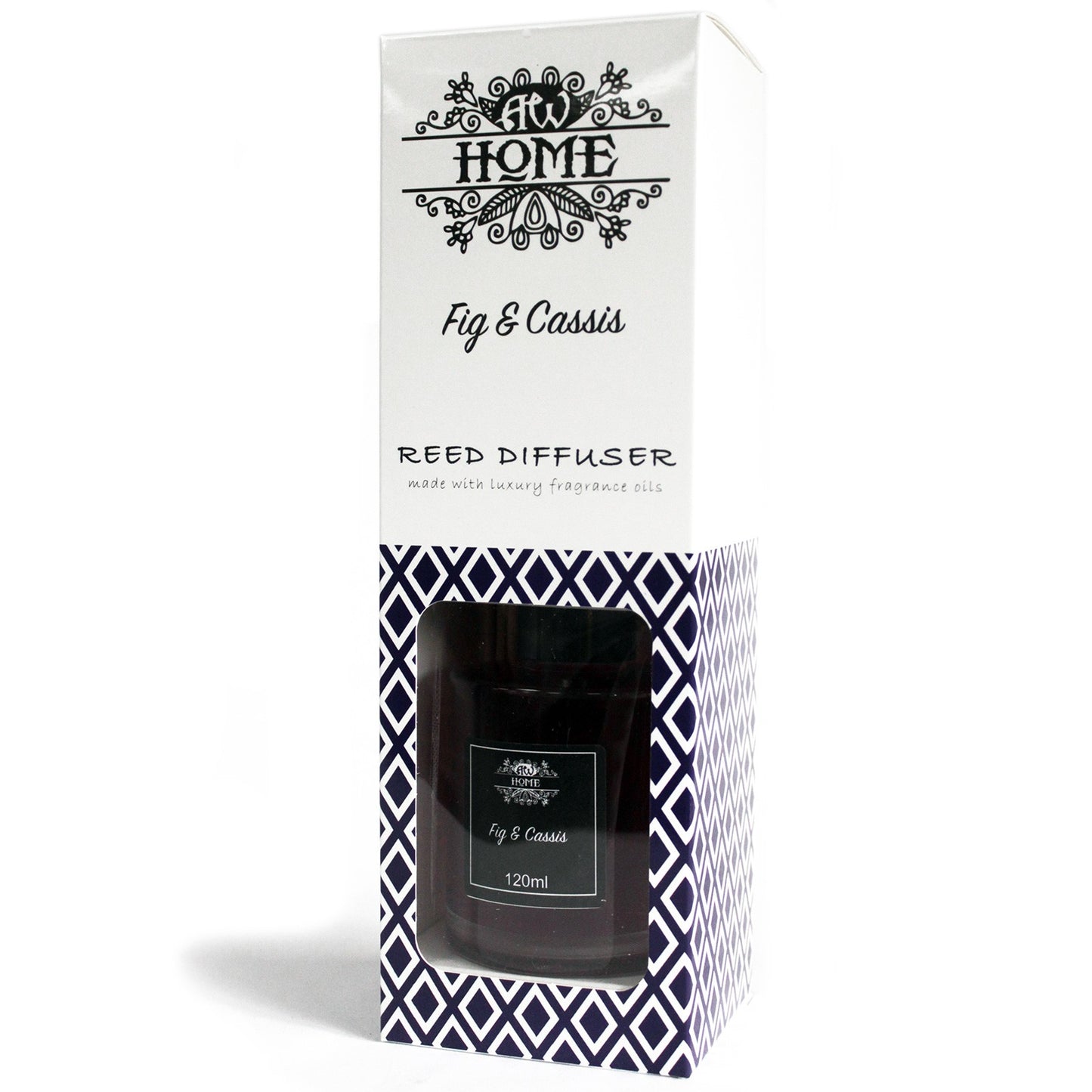 Fig & Cassis Reed diffuser packaging with 'AW Home' branding on a white background