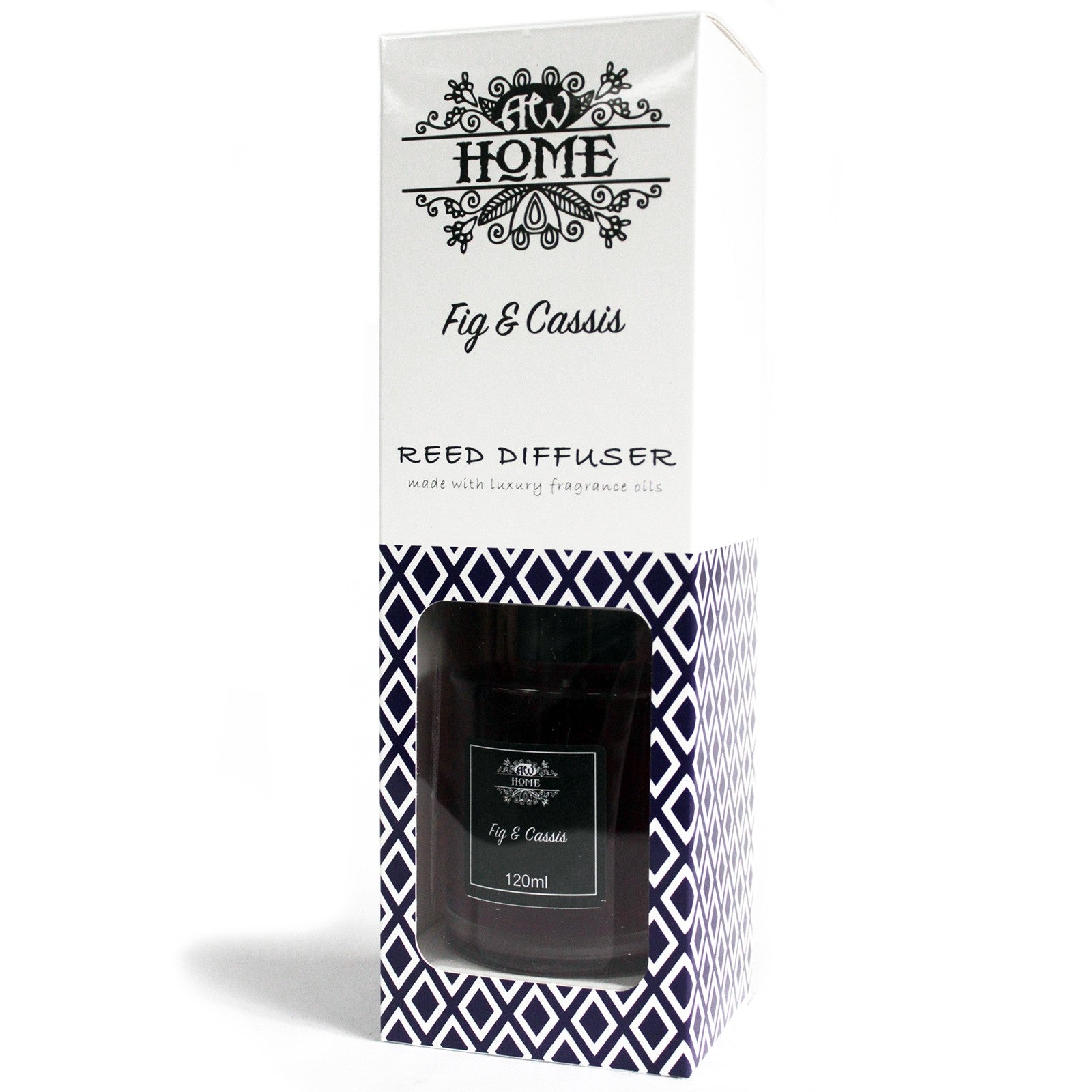 Fig & Cassis Reed diffuser packaging with 'AW Home' branding on a white background