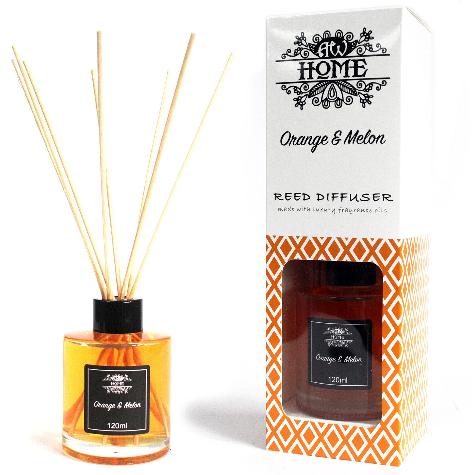 Orange & Melon Reed diffuser with orange and melon scent next to its packaging on a white background