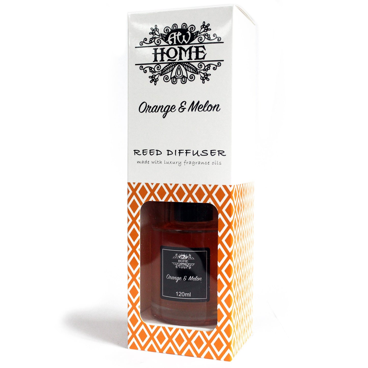 Packaged  Orange & Melon reed diffuser with 'At Home' branding and orange and melon scent on a white background.