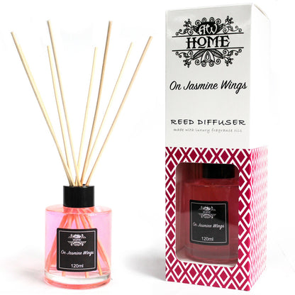 Reed diffuser with packaging labeled 'At Home On Jasmine Wings' on a white background