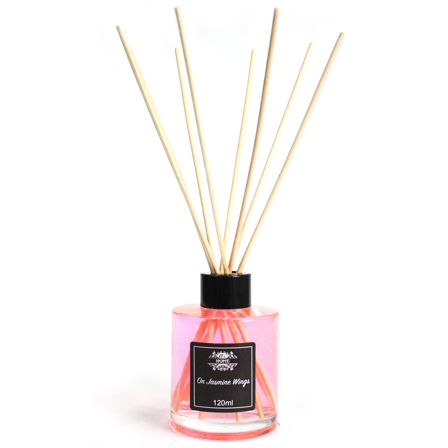 On Jasmine Wings Reed diffuser with wooden sticks and a black label on a white background