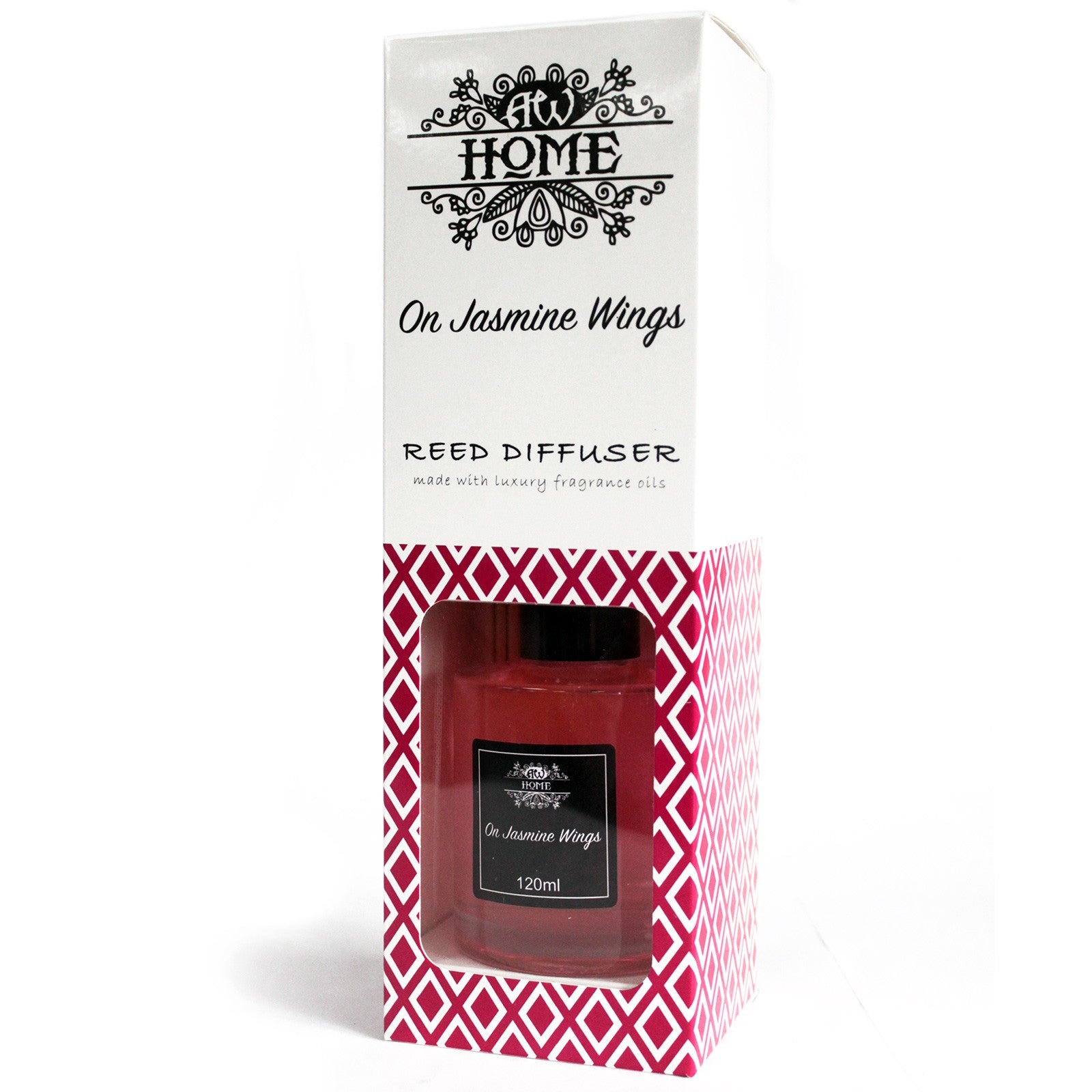 on Jasmine Wings Reed diffuser packaging with red and white design on a white background