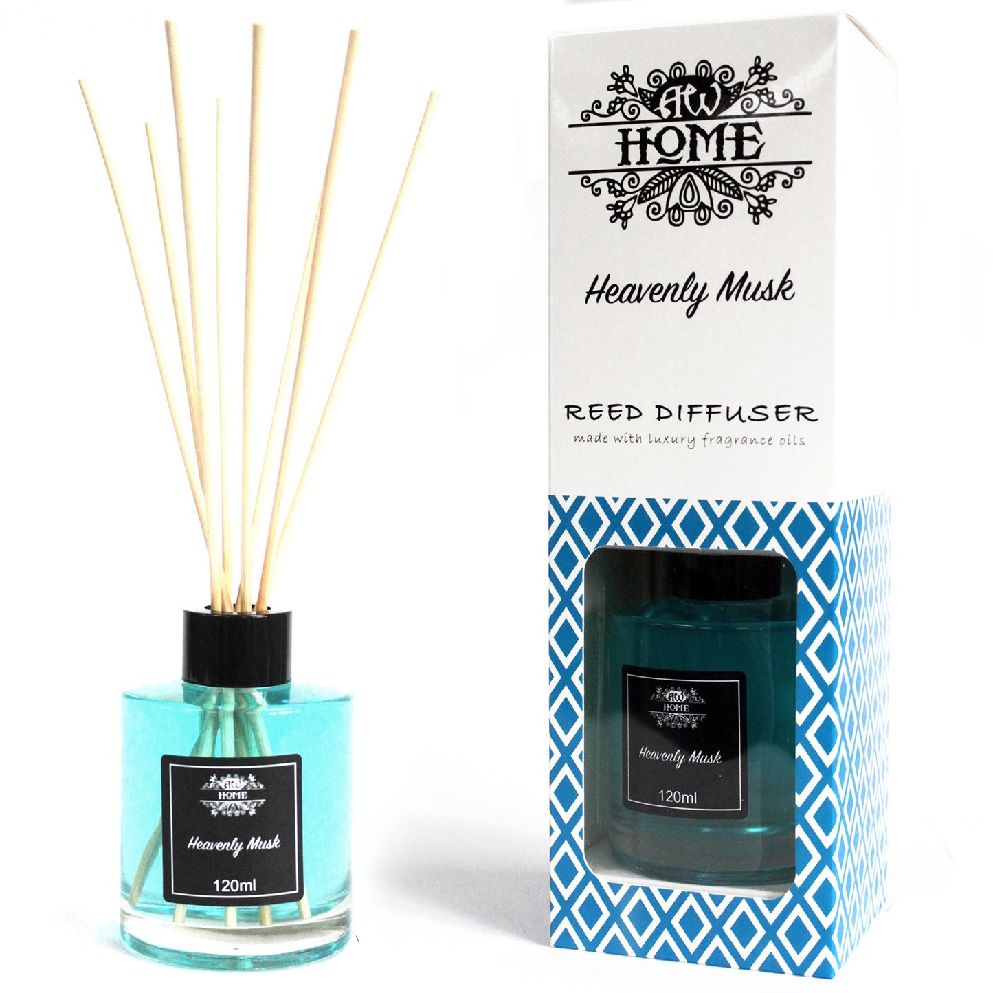Heavenly Musk Reed diffuser with packaging labeled 'Heavenly Musk' on a white background