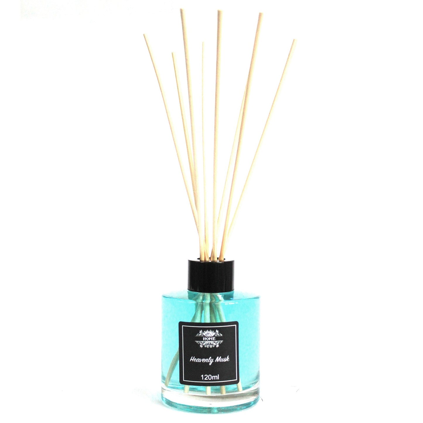 Heavenly MuskReed diffuser with wooden sticks in a clear bottle on a white background