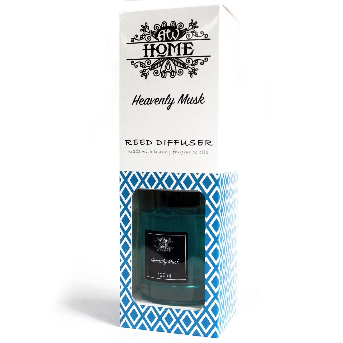 Heavenly Musk Reed diffuser packaging with blue and white design on a white background