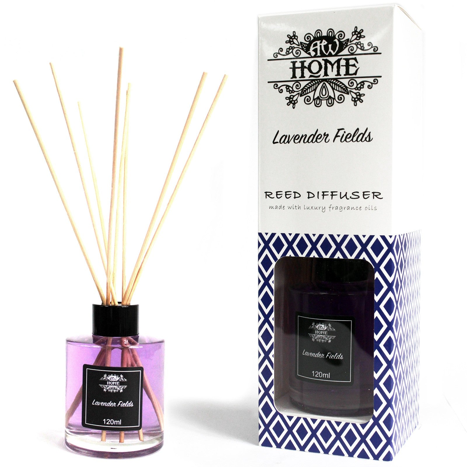 Lavender Fields Reed diffuser with packaging labeled 'Lavender Fields' on a white background