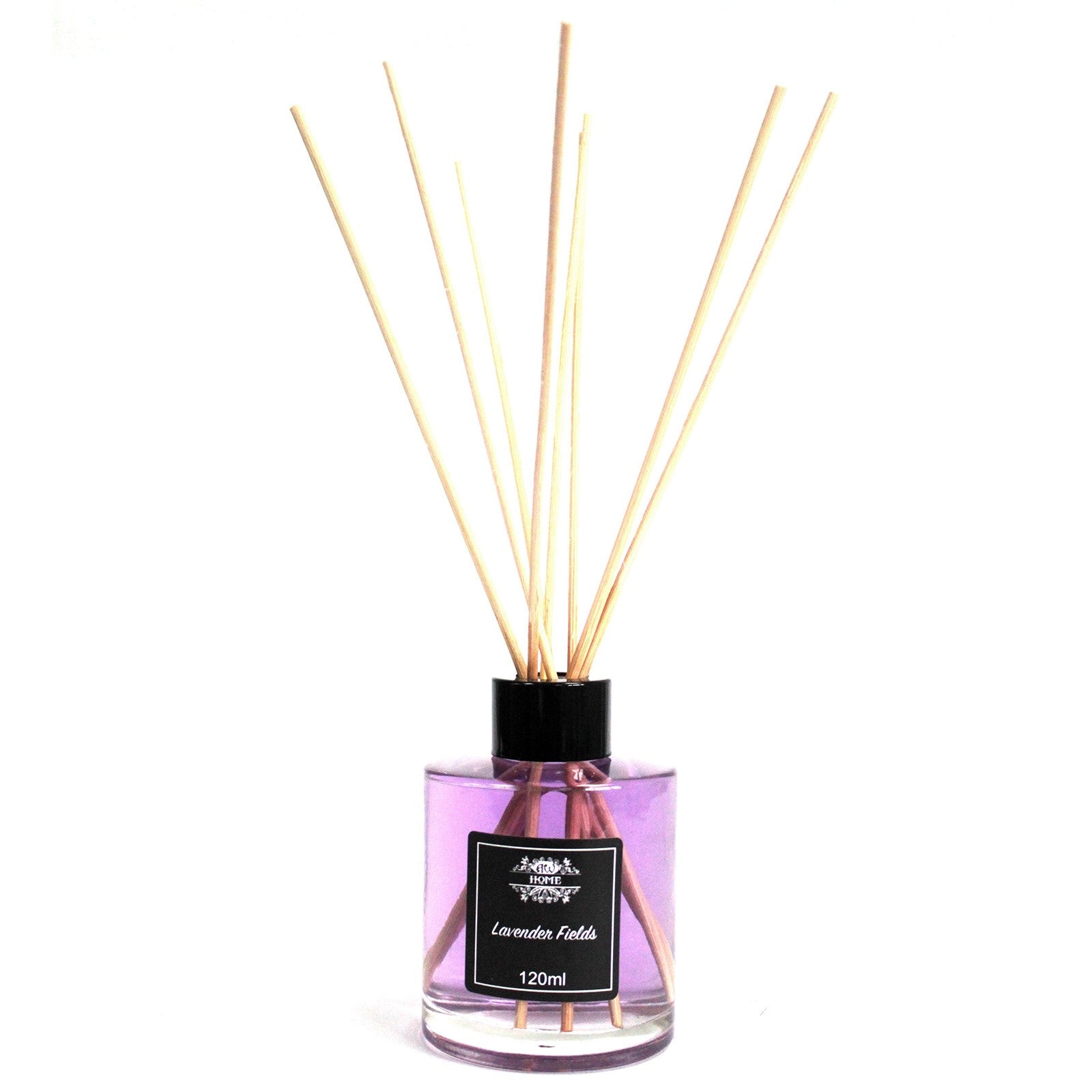 Lavender Fields  Reed diffuser with wooden sticks in a clear bottle on a white background