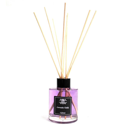 Lavender Fields  Reed diffuser with wooden sticks in a clear bottle on a white background