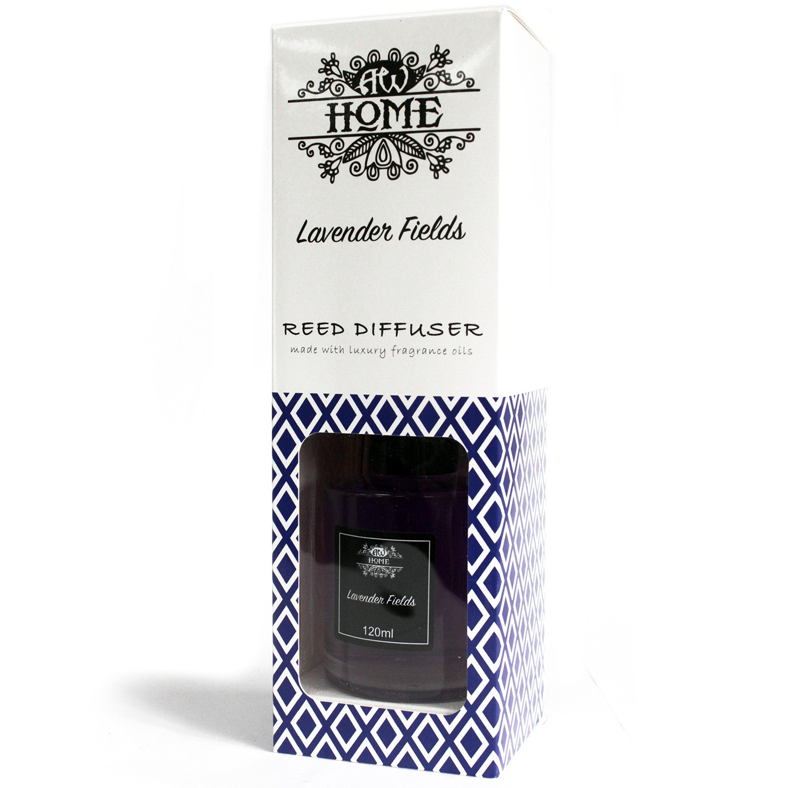 Lavender Fields  Reed diffuser packaging with 'AW Home' branding on a white background