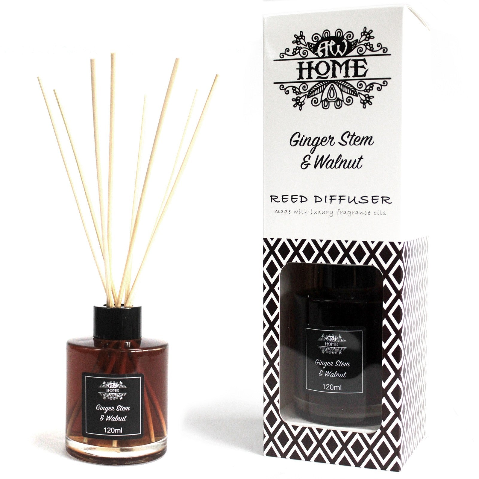 Ginger Stem & Walnut Reed diffuser with packaging labeled 'Ginger Stem & Walnut' on a white background