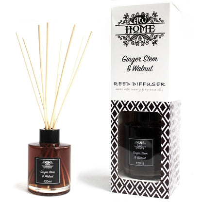 Ginger Stem & Walnut Reed diffuser with packaging labeled 'Ginger Stem & Walnut' on a white background
