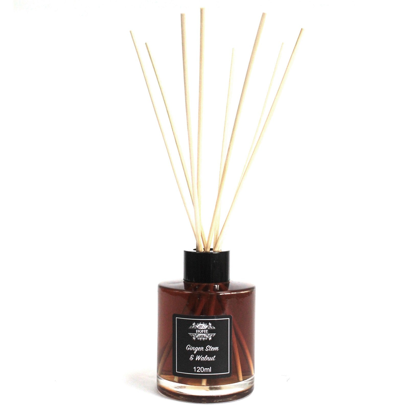 Ginger Stem & Walnut Reed diffuser with wooden sticks in a dark container on a white background