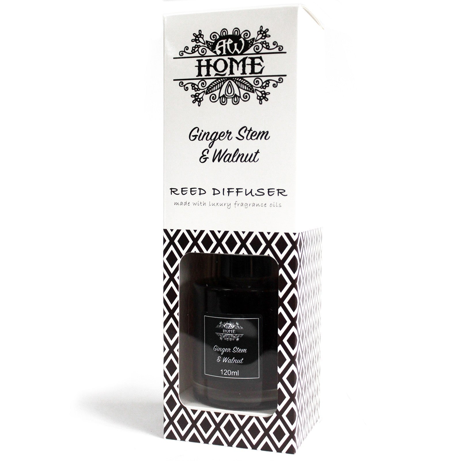 Ginger Stem & Walnut reed diffuser packaging with decorative box on a white background