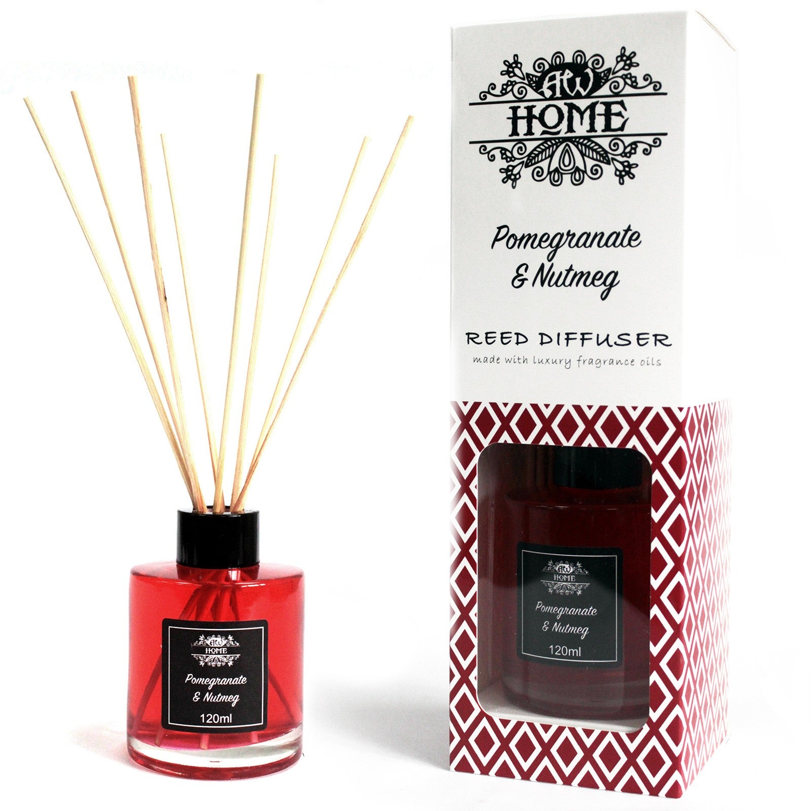 Pomegrante & Nutmeg Red reed diffuser with packaging labeled 'Pomegranate & Nutmeg' on a white background
