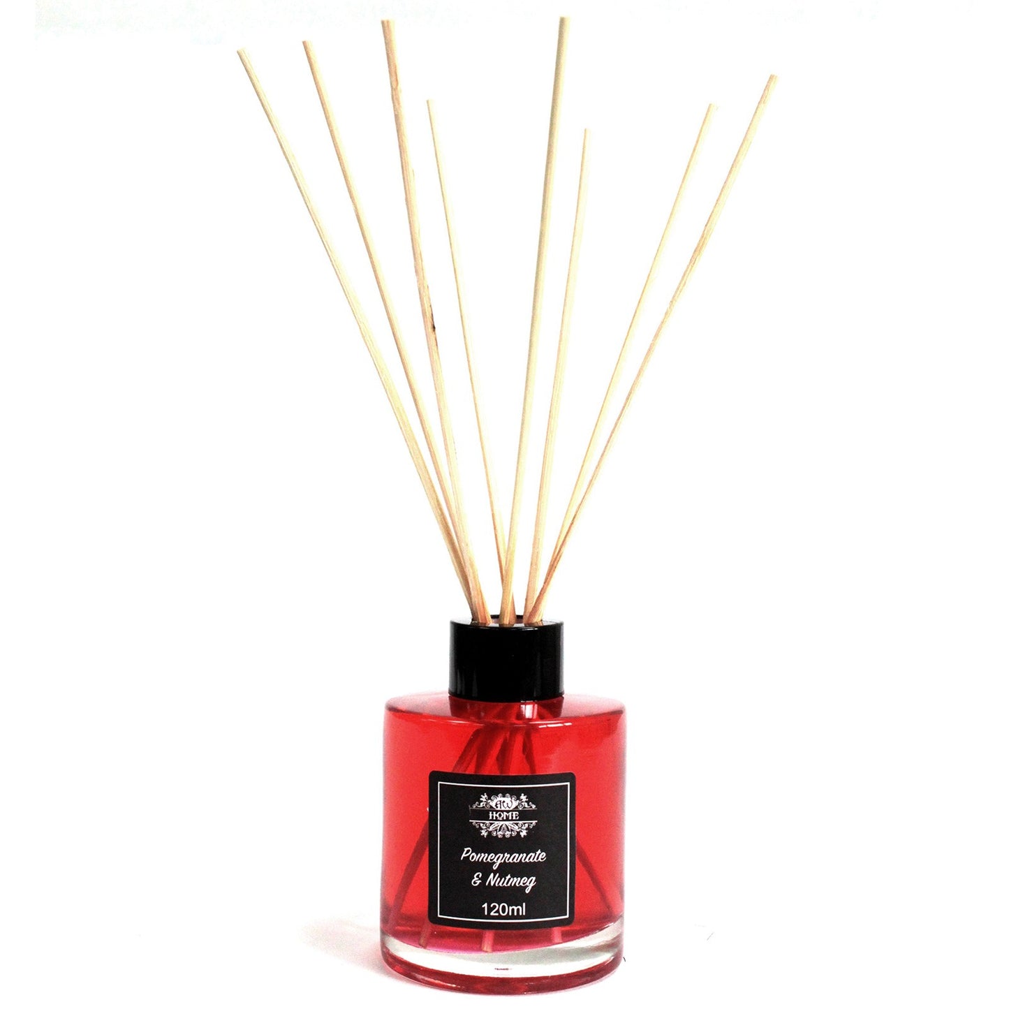 Pomgranate & Nutmeg Red diffuser bottle with wooden sticks on a white background