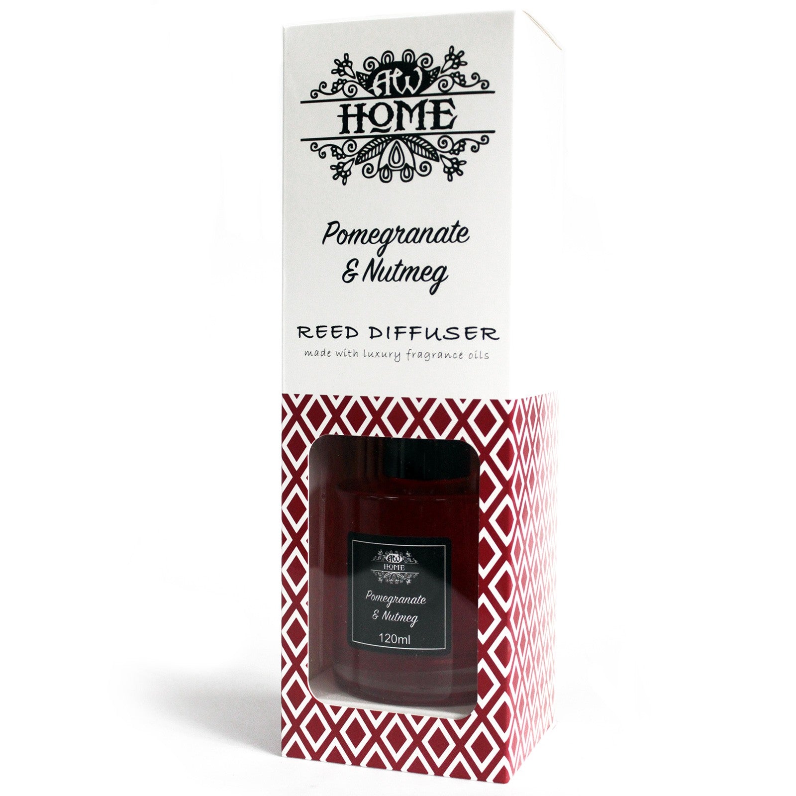 Pomgranate & Nutmeg Reed diffuser packaging with 'AW Home' branding and red and white design.
