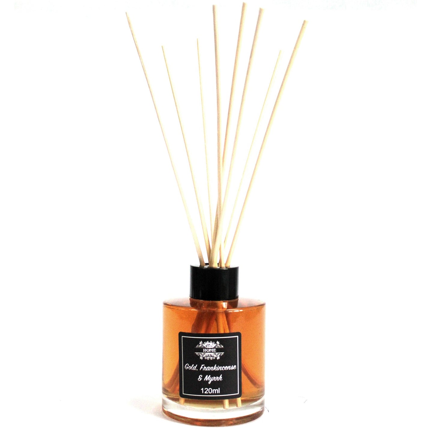 'Gold, Frankincense & Myrrh'  Reed diffuser with wooden sticks in an amber glass bottle on a white background
