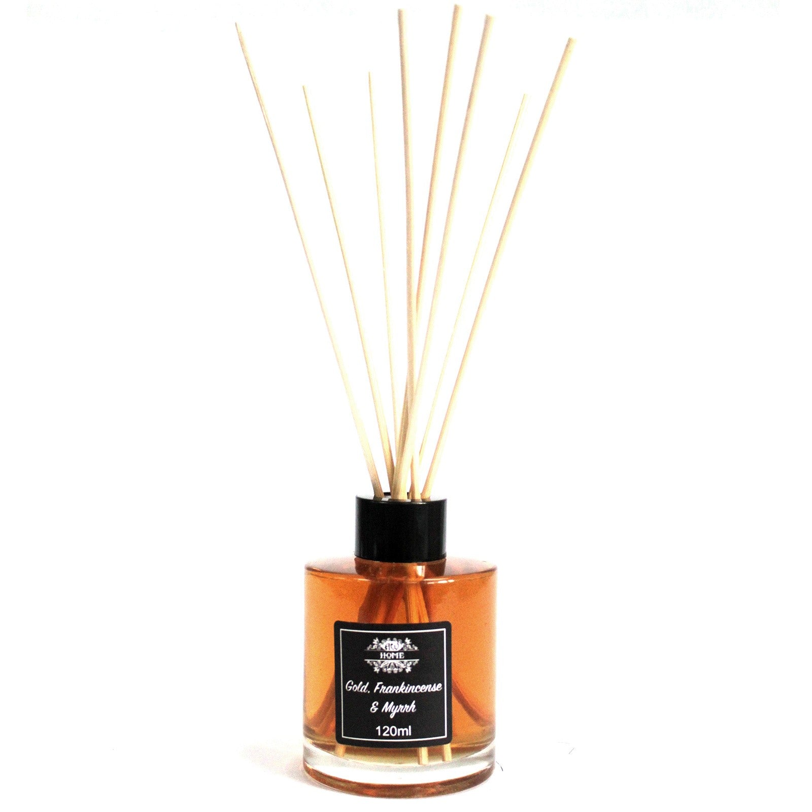 'Gold, Frankincense & Myrrh'  Reed diffuser with wooden sticks in an amber glass bottle on a white background
