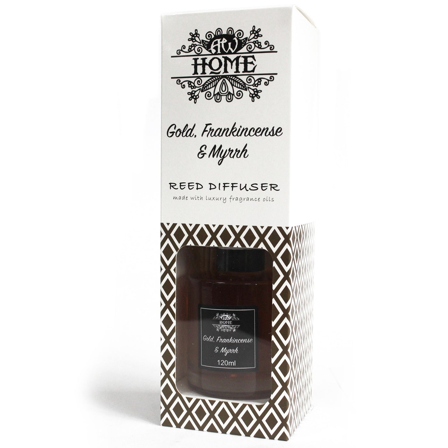 'Gold, Frankincense & Myrrh'  Reed diffuser packaging with brand logo and product details on a white background