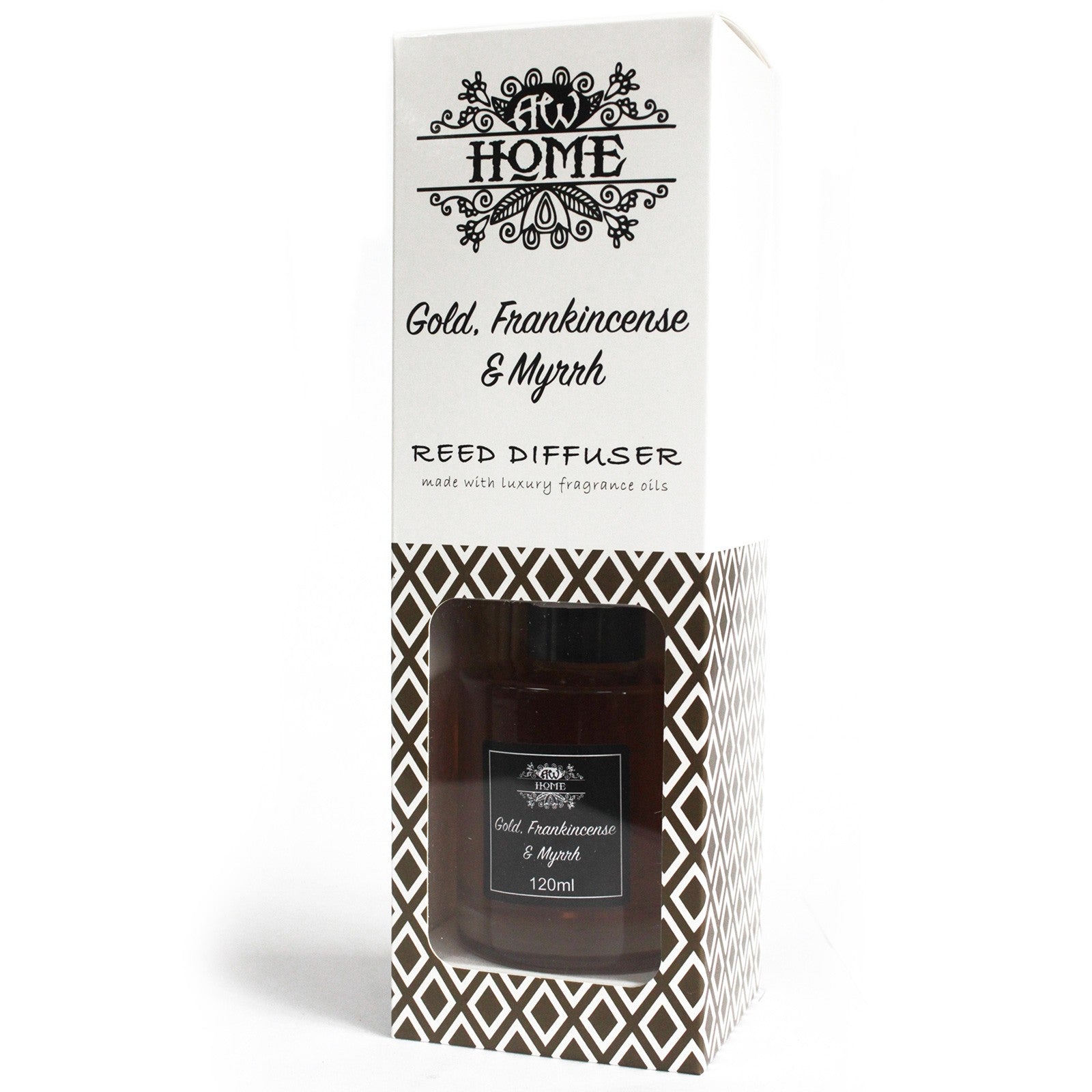 'Gold, Frankincense & Myrrh'  Reed diffuser packaging with brand logo and product details on a white background